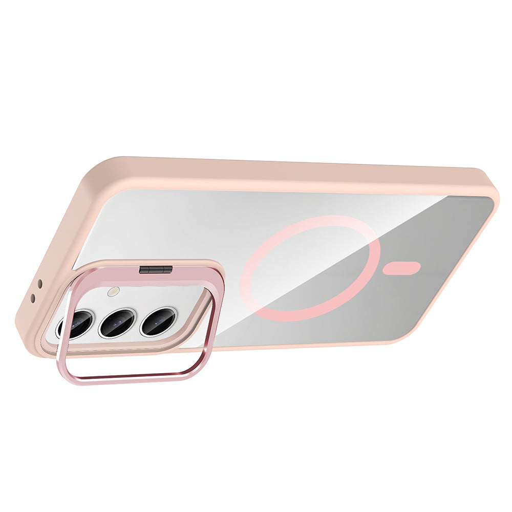 Galaxy S25 Kılıf Standlı ve Kamera Lens Hediyeli M-Safe Şarj Özellikli Zore Etro Kapak Pembe