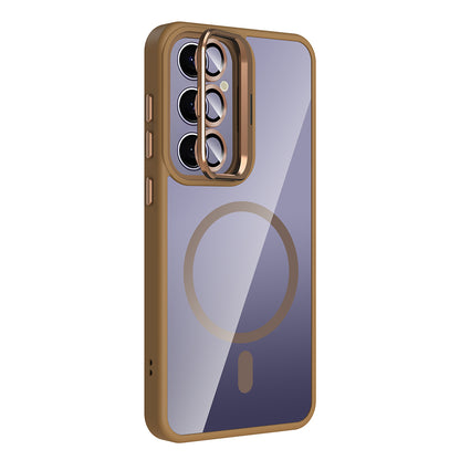 Galaxy S25 Plus Kılıf Standlı ve Kamera Lens Hediyeli M-Safe Şarj Özellikli Zore Etro Kapak Desert Titanyum