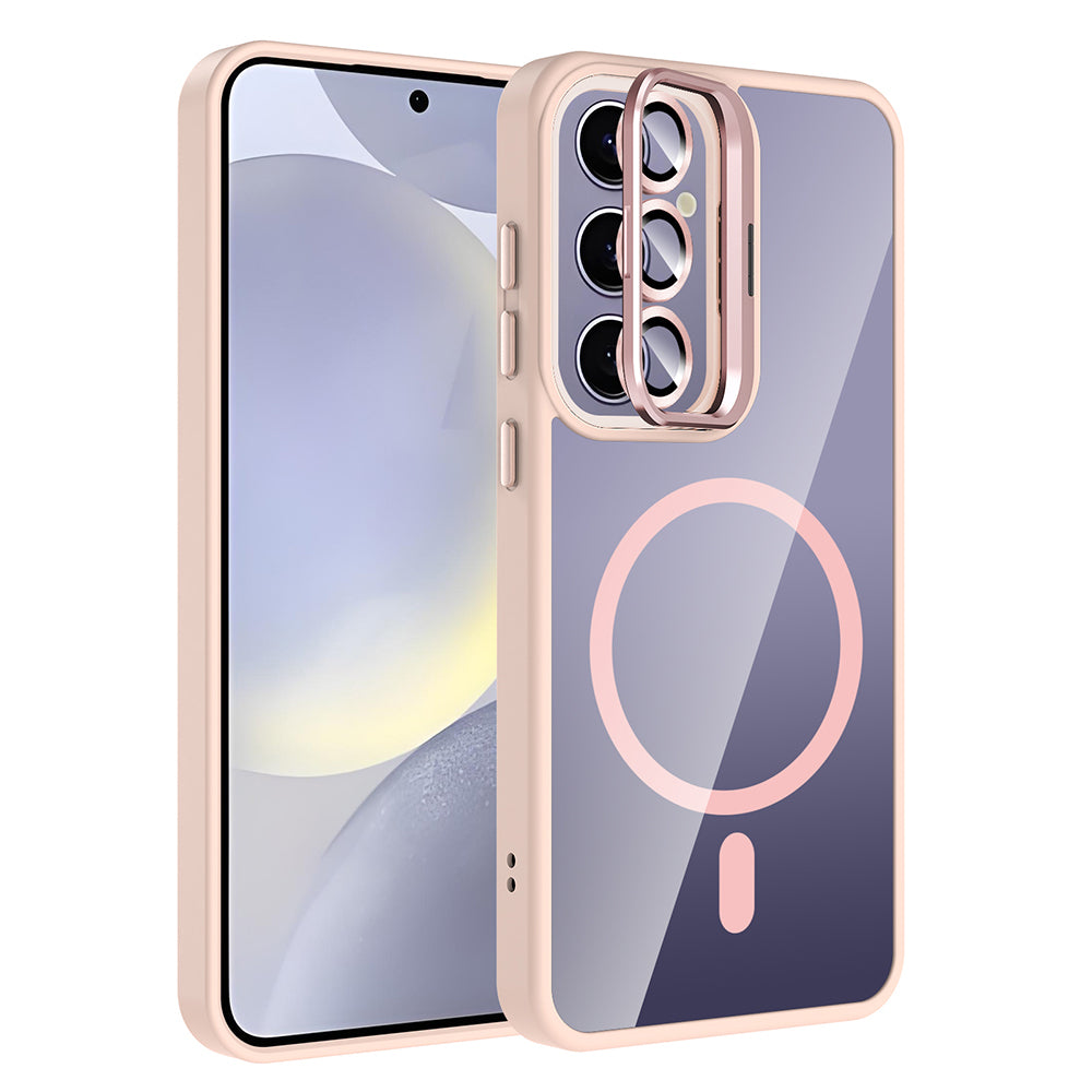 Galaxy S25 Plus Kılıf Standlı ve Kamera Lens Hediyeli M-Safe Şarj Özellikli Zore Etro Kapak Pembe