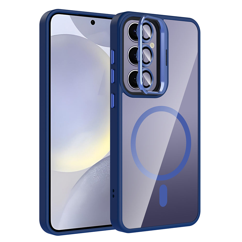 Galaxy S25 Plus Kılıf Standlı ve Kamera Lens Hediyeli M-Safe Şarj Özellikli Zore Etro Kapak Lacivert