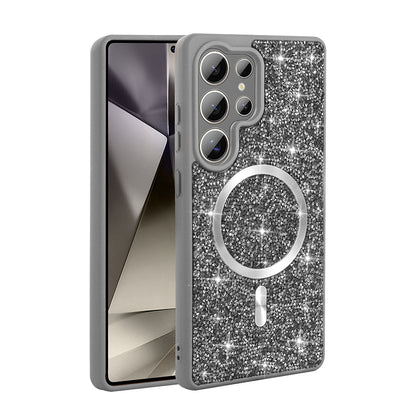 Galaxy S25 Ultra Kılıf Pırlanta Tasarımlı M-safe Şarj Özellikli Zore Mozaik Silikon Kapak Titanyum-Gri