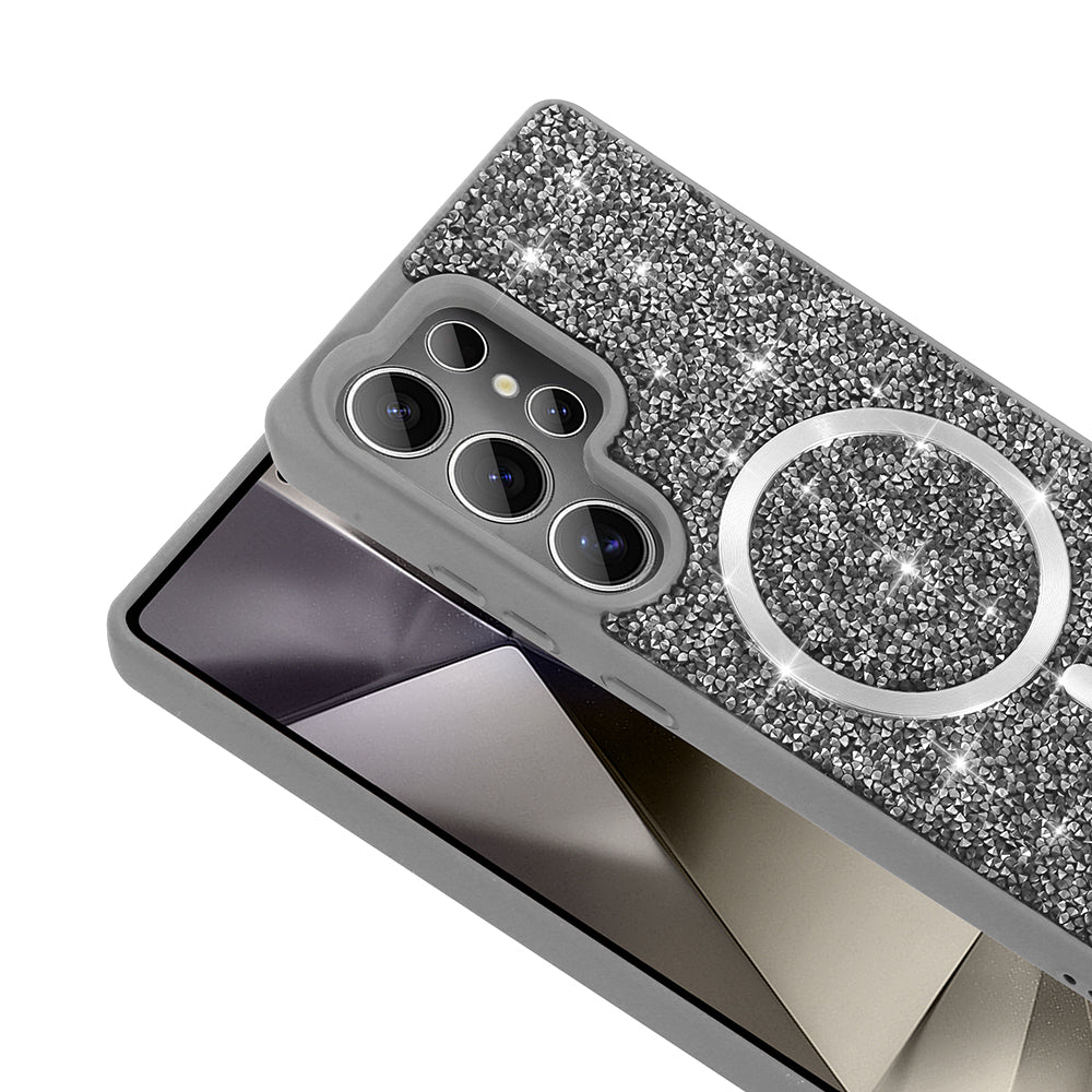 Galaxy S25 Ultra Kılıf Pırlanta Tasarımlı M-safe Şarj Özellikli Zore Mozaik Silikon Kapak Titanyum-Gri