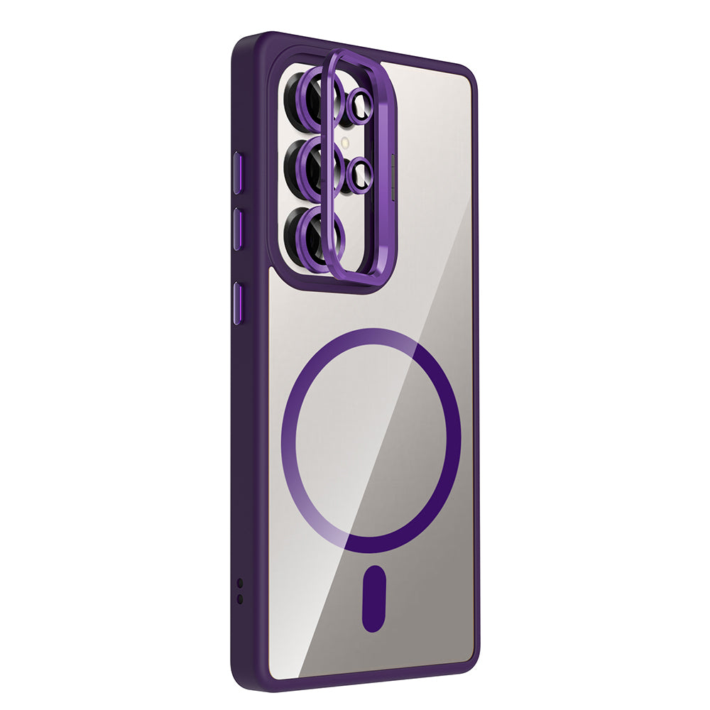 Galaxy S25 Ultra Kılıf Standlı ve Kamera Lens Hediyeli M-Safe Şarj Özellikli Zore Etro Kapak Pembe