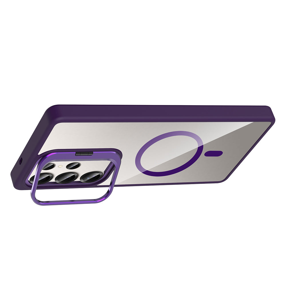 Galaxy S25 Ultra Kılıf Standlı ve Kamera Lens Hediyeli M-Safe Şarj Özellikli Zore Etro Kapak Pembe