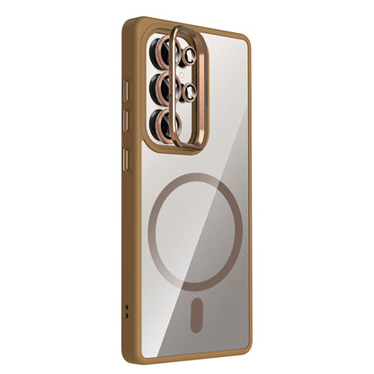 Galaxy S25 Ultra Kılıf Standlı ve Kamera Lens Hediyeli M-Safe Şarj Özellikli Zore Etro Kapak Gri