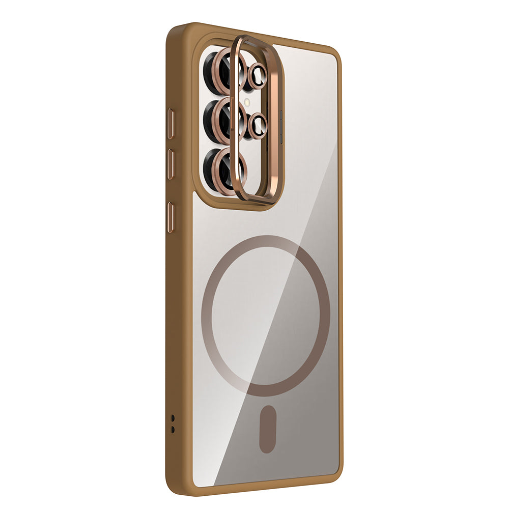 Galaxy S25 Ultra Kılıf Standlı ve Kamera Lens Hediyeli M-Safe Şarj Özellikli Zore Etro Kapak Pembe