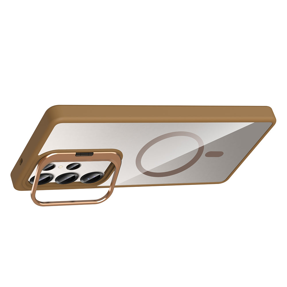 Galaxy S25 Ultra Kılıf Standlı ve Kamera Lens Hediyeli M-Safe Şarj Özellikli Zore Etro Kapak Derin Mor