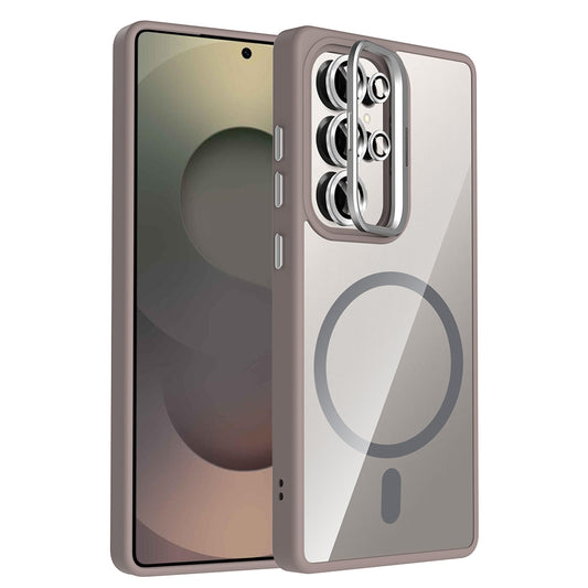 Galaxy S25 Ultra Kılıf Standlı ve Kamera Lens Hediyeli M-Safe Şarj Özellikli Zore Etro Kapak Gri