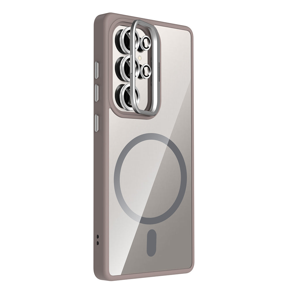 Galaxy S25 Ultra Kılıf Standlı ve Kamera Lens Hediyeli M-Safe Şarj Özellikli Zore Etro Kapak Pembe