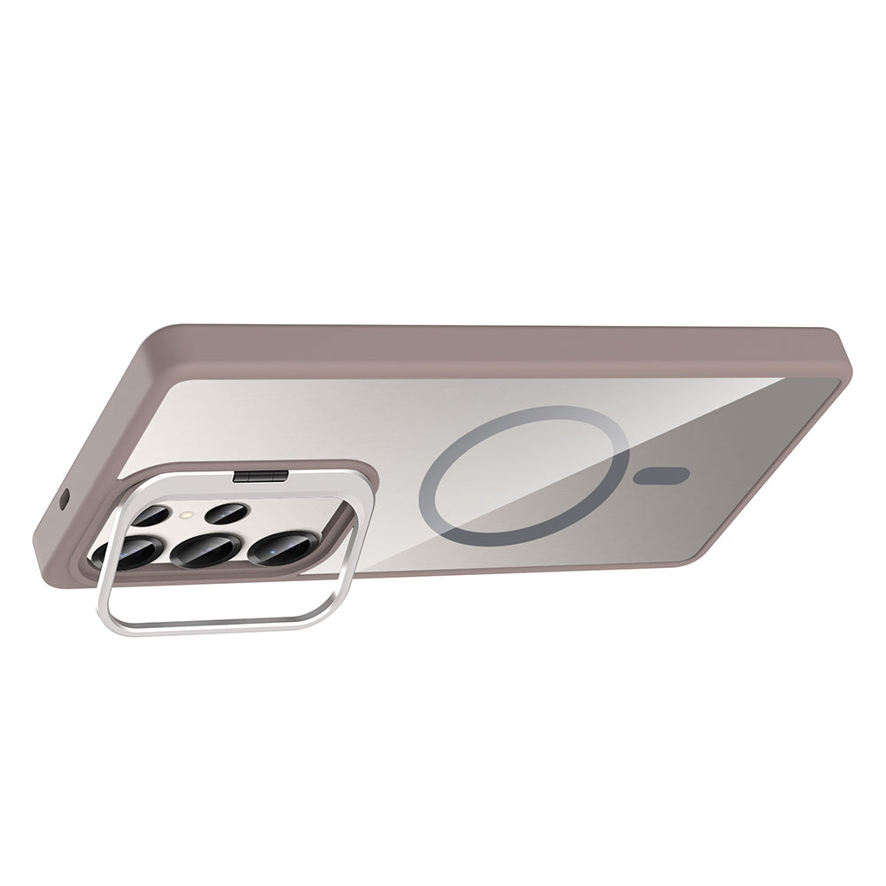 Galaxy S25 Ultra Kılıf Standlı ve Kamera Lens Hediyeli M-Safe Şarj Özellikli Zore Etro Kapak Desert Titanyum