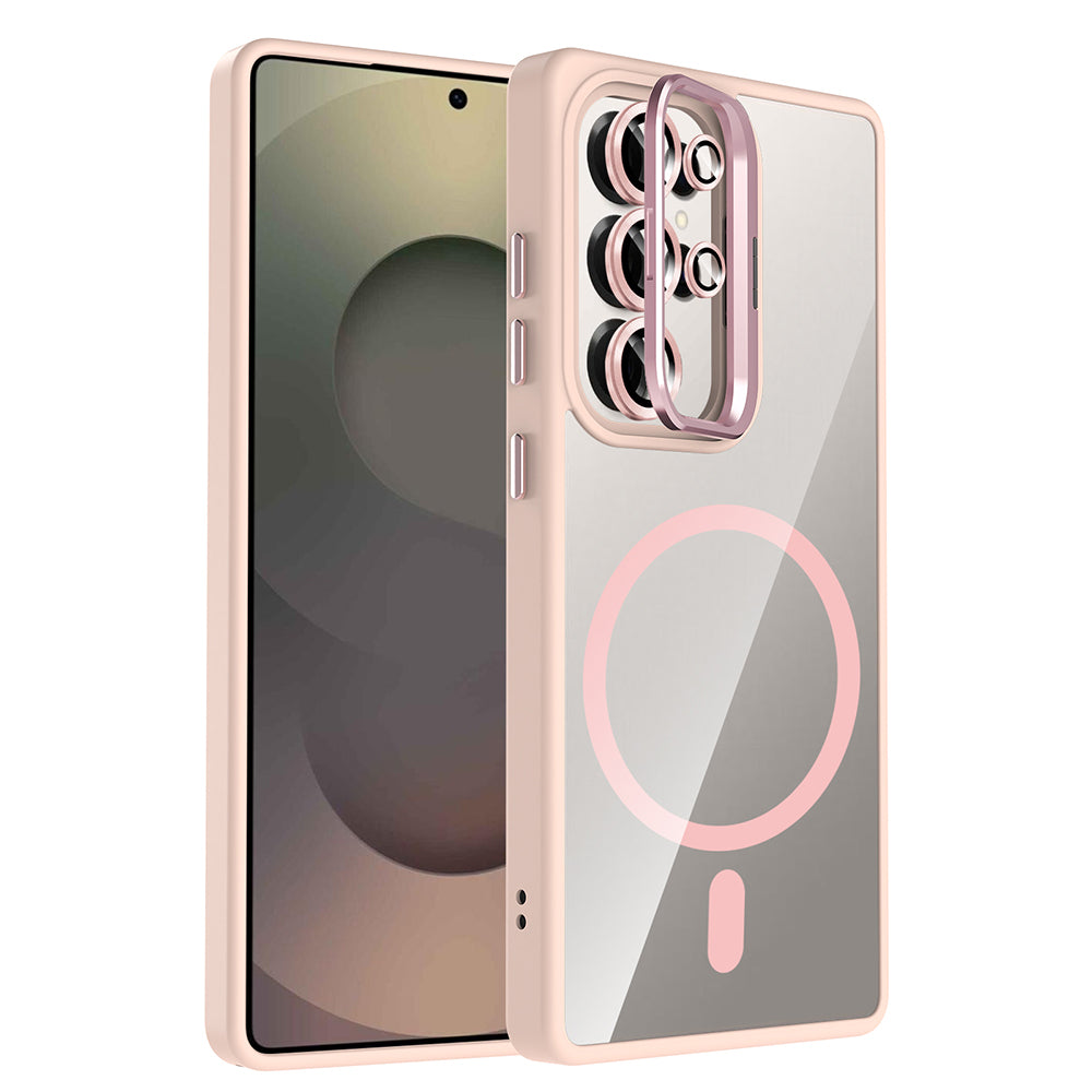 Galaxy S25 Ultra Kılıf Standlı ve Kamera Lens Hediyeli M-Safe Şarj Özellikli Zore Etro Kapak Pembe