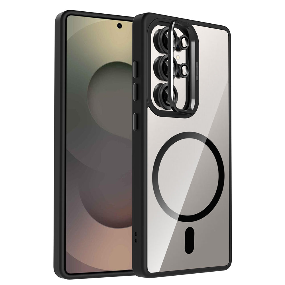 Galaxy S25 Ultra Kılıf Standlı ve Kamera Lens Hediyeli M-Safe Şarj Özellikli Zore Etro Kapak Siyah