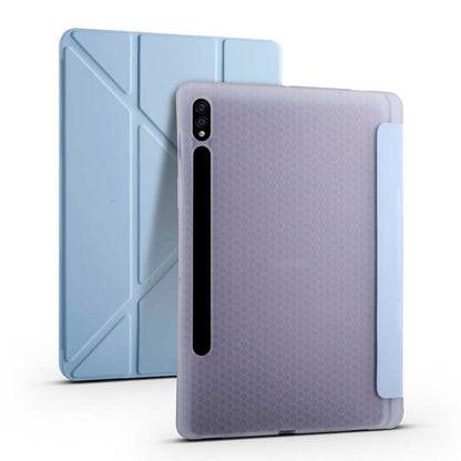 Galaxy Tab S7 Plus T970 Kılıf Zore Tri Folding Kalem Bölmeli Standlı Kılıf Mavi