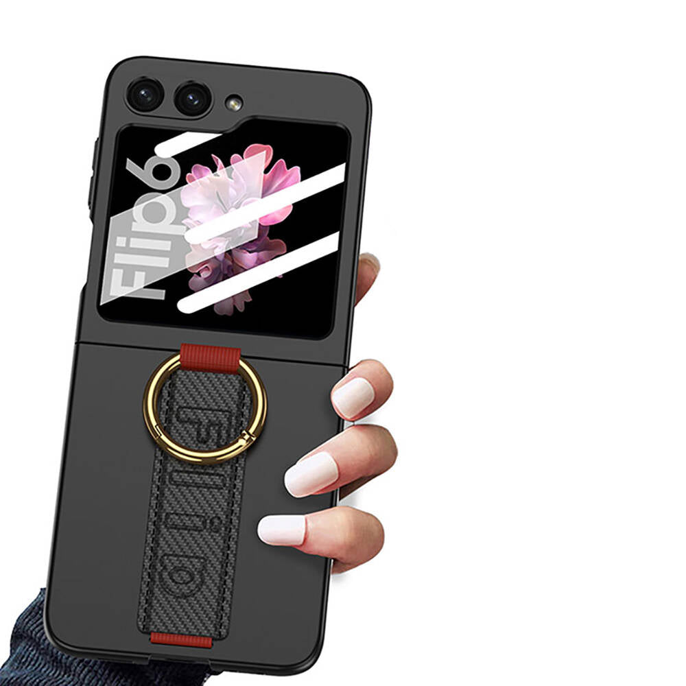 Galaxy Z Flip 6 Kılıf Kamera Korumalı Yüzüklü Karbon Tasarımlı Zore Flip Ring Kıpta Kapak Gri-Yeşil