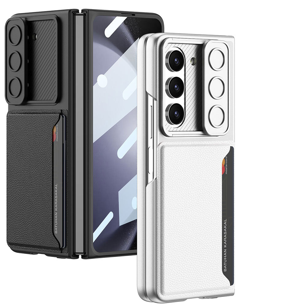 Galaxy Z Fold 5 Suni Deri Arka Yüzey Sürgülü Kamera Korumalı Zore Kartlıklı Kıpta Silikon Kapak Siyah