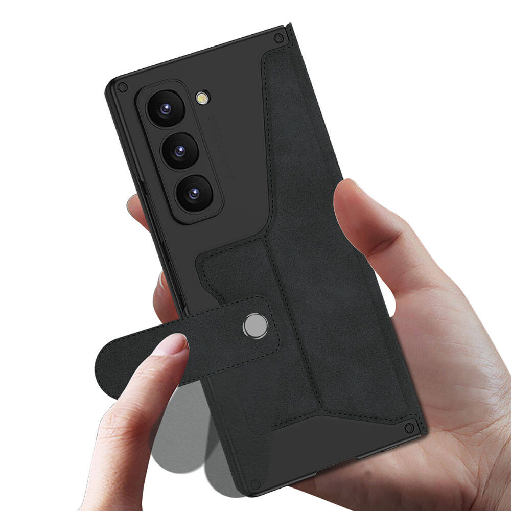 Galaxy Z Fold 6 Kılıf Kamera Korumalı Kadife Tasarımlı Zore Kıpta Kalem Bölmeli Fest Kapak Siyah