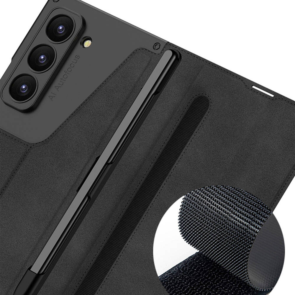 Galaxy Z Fold 6 Kılıf Kamera Korumalı Kadife Tasarımlı Zore Kıpta Kalem Bölmeli Fest Kapak Siyah