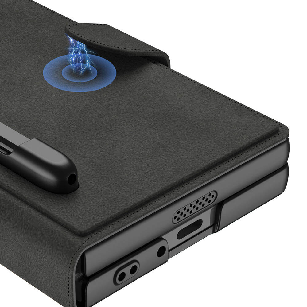 Galaxy Z Fold 6 Kılıf Kamera Korumalı Kadife Tasarımlı Zore Kıpta Kalem Bölmeli Fest Kapak Siyah