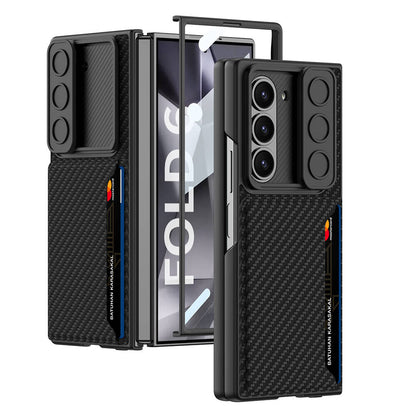 Galaxy Z Fold 6 Kılıf Kamera Korumalı Karbon Fiber Arka Yüzey Zore Kartlıklı Kıpta Sert Kapak Siyah
