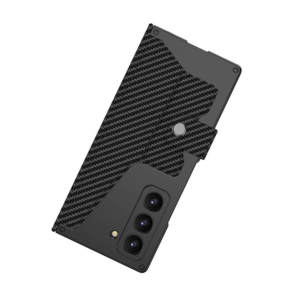 Galaxy Z Fold 6 Kılıf Kamera Korumalı Karbon Tasarımlı Zore Kıpta Kalem Bölmeli Fest Kapak Siyah Karbon