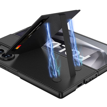 Galaxy Z Fold 6 Kılıf Karbon Fiber Deri Kartlıklı Zore Kıpta Dik Açılan Kartlıklı Kapak Siyah
