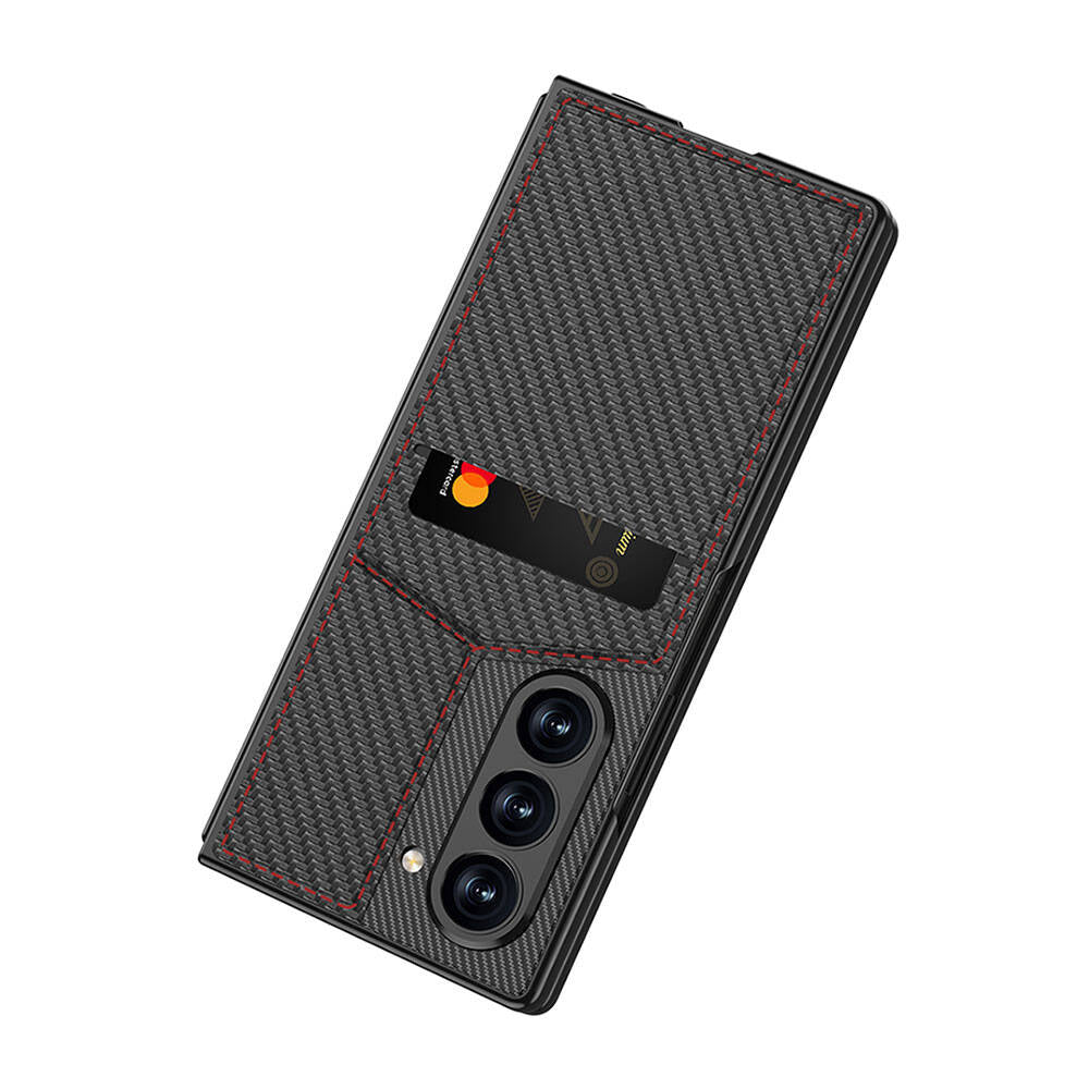 Galaxy Z Fold 6 Kılıf Karbon Fiber Kartlıklı Zore Kıpta Dik Açılan Kartlıklı Kapak Siyah