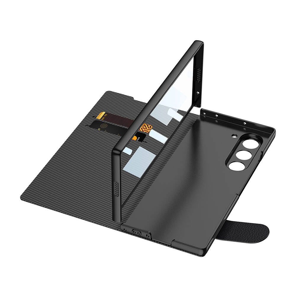 Galaxy Z Fold 6 Kılıf Karbon Fiber Tasarımlı Magnetik Tokalı Kartlıklı Zore Kıpta Zegna Kapak Siyah