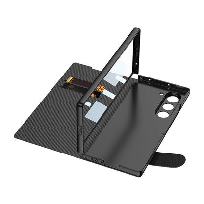 Galaxy Z Fold 6 Kılıf Karbon Fiber Tasarımlı Magnetik Tokalı Kartlıklı Zore Kıpta Zegna Kapak Siyah