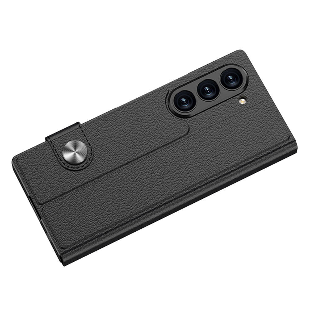 Galaxy Z Fold 6 Kılıf Suni Deri Tasarımlı Magnetik Tokalı ve Kartlıklı Zore Kıpta Zegna Kapak Siyah