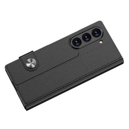 Galaxy Z Fold 6 Kılıf Suni Deri Tasarımlı Magnetik Tokalı ve Kartlıklı Zore Kıpta Zegna Kapak Siyah