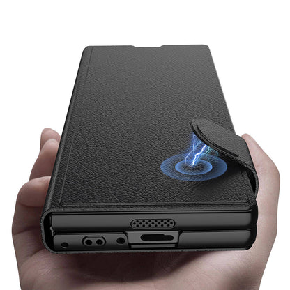 Galaxy Z Fold 6 Kılıf Suni Deri Tasarımlı Magnetik Tokalı ve Kartlıklı Zore Kıpta Zegna Kapak Siyah
