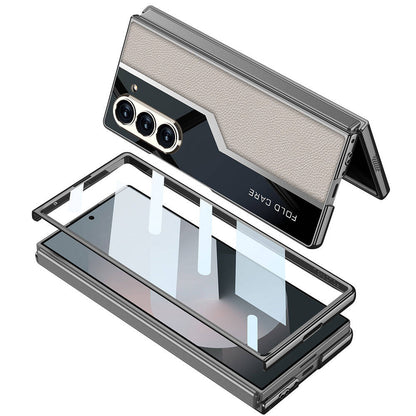 Galaxy Z Fold 6 Kılıf Ultra İnce Kamera Korumalı PC + Deri Arka Yüzey Zore Kıpta Poligan Kapak Titanyum-Gri