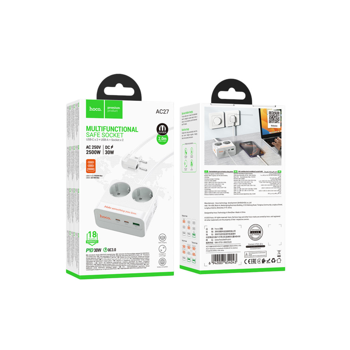 Hoco. AC27 Descanso 5in1 2M 2500W Priz Dönüştürücü