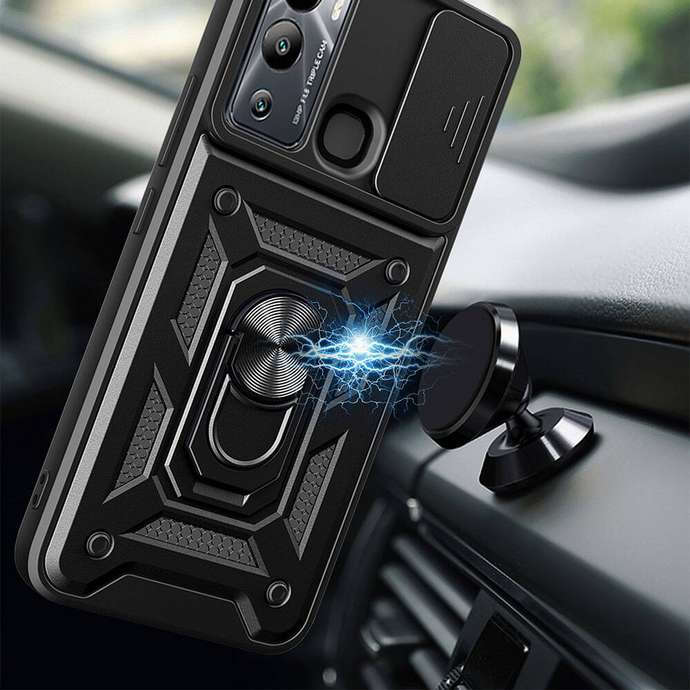İnfinix Hot 12i Kılıf Magnetik Standlı Kamera Korumalı Zore Sürgülü Vega Kapak Siyah
