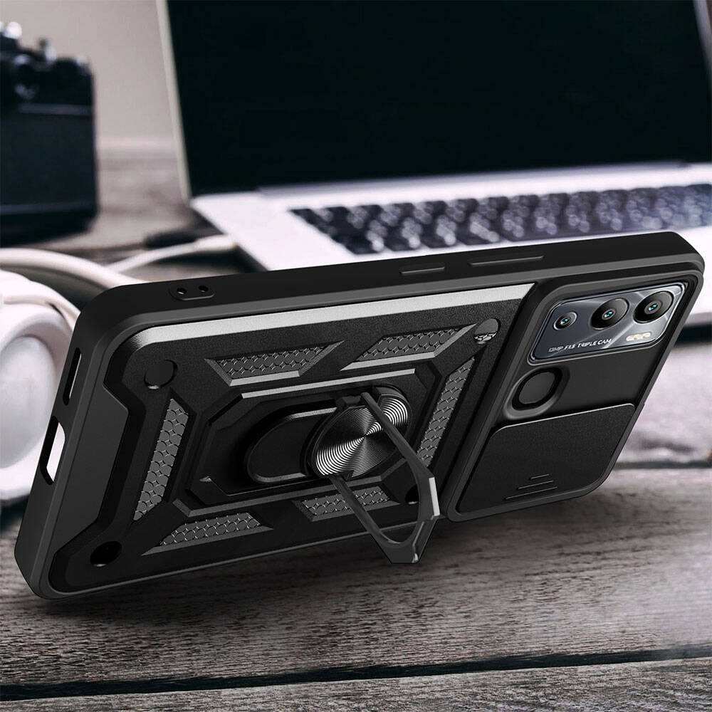 İnfinix Hot 12i Kılıf Magnetik Standlı Kamera Korumalı Zore Sürgülü Vega Kapak Mavi