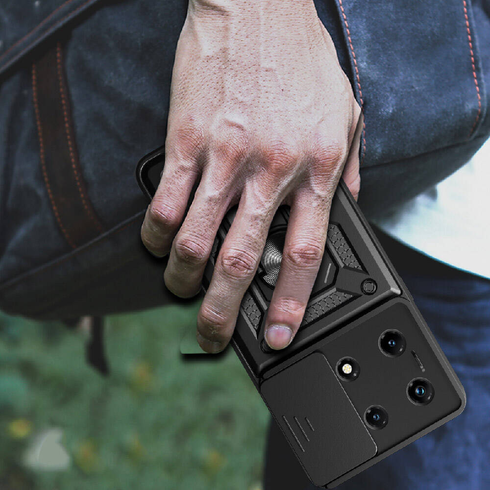 İnfinix Note 30 Pro Kılıf Magnetik Standlı Kamera Korumalı Zore Sürgülü Vega Kapak Siyah