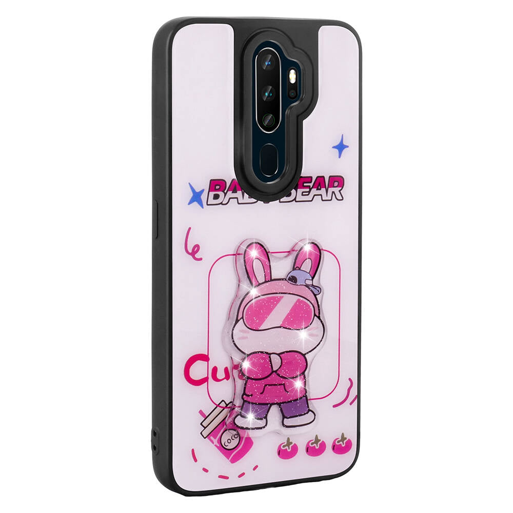 Oppo A9 2020 Kılıf Parlayan Kabartmalı İkonik Figürlü Zore Amas Silikon Kapak Mor