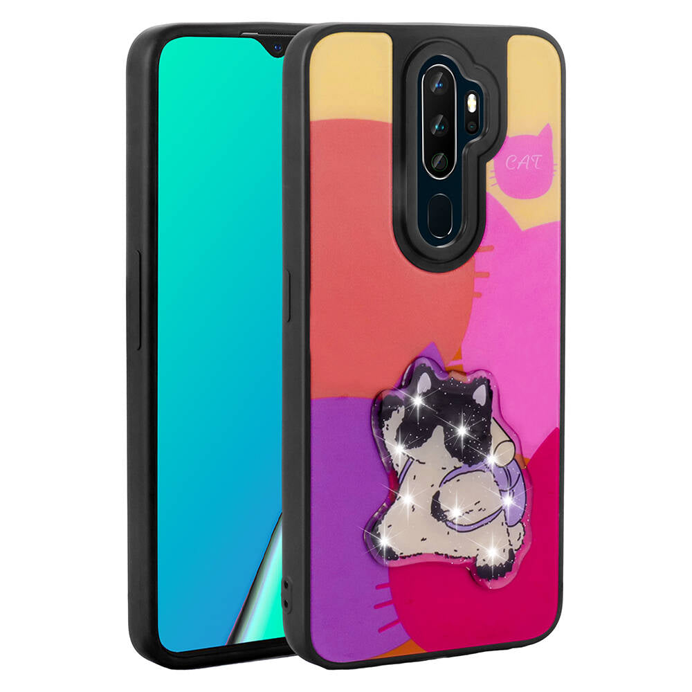 Oppo A9 2020 Kılıf Parlayan Kabartmalı İkonik Figürlü Zore Amas Silikon Kapak Mor