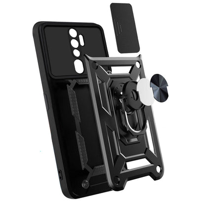 Oppo A9 2020 Kılıf Magnetik Standlı Kamera Korumalı Zore Sürgülü Vega Kapak Siyah