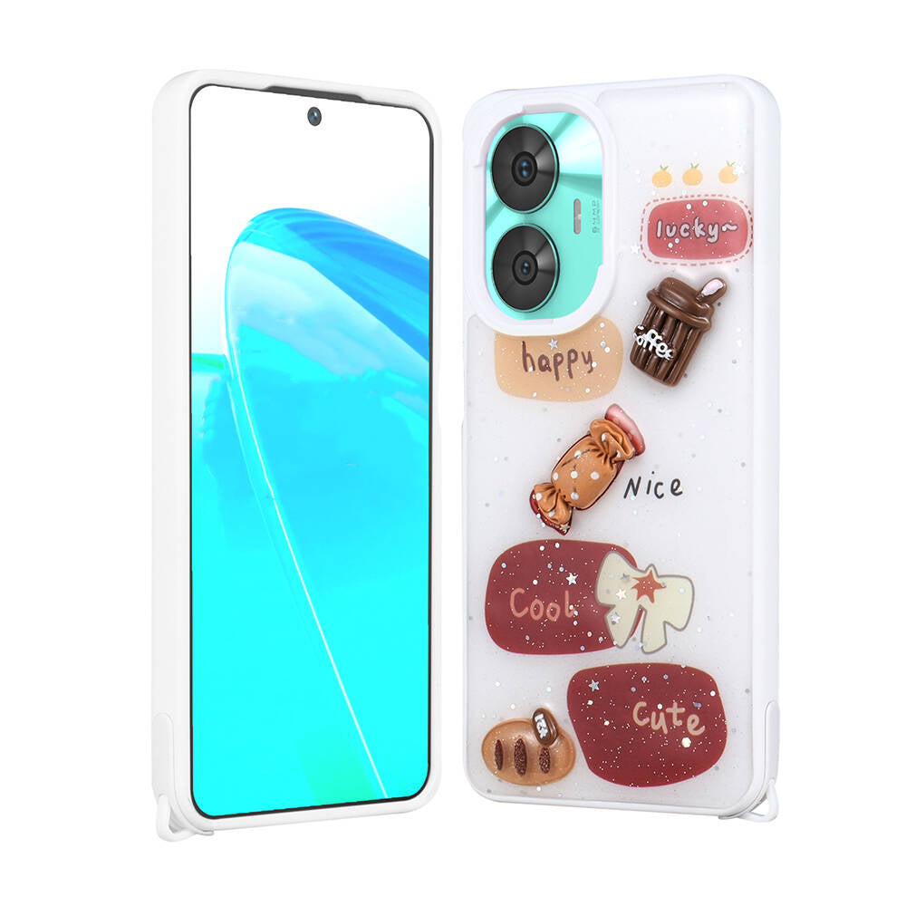 Realme C55 Kılıf Parlayan Simli Kabartma Figürlü Zore Cevze Kapak Beyaz