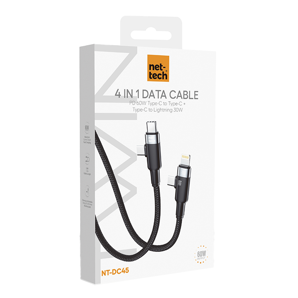Nettech NT-DC45 60W+30W Plastik 100 Cm Type-C To Type-C+Lightning Şarj ve Data Kablosu (Siyah) NT-108316