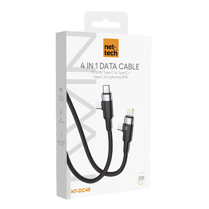 Nettech NT-DC45 60W+30W Plastik 100 Cm Type-C To Type-C+Lightning Şarj ve Data Kablosu (Siyah) NT-108316