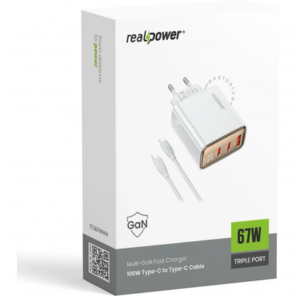 RealPower TCS67WWH GAN 67W 3000 mAh Type-C To Type-C Şarj Aleti (Beyaz) NT-119373