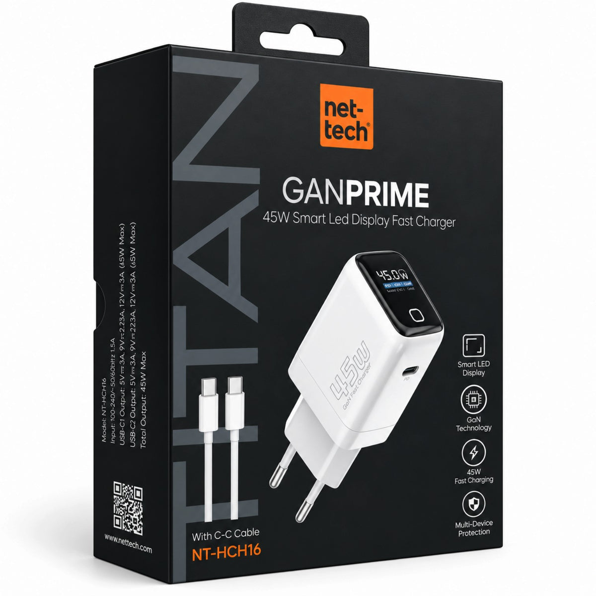 Nettech NT-HCH16 Led GaN 45W Type-C To Type-C Şarj Aleti (Beyaz) NT-HCH16