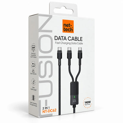 Nettech NT-DC62 140W İp Örgü 100 Cm Type-C To Type-C Şarj ve Data Kablosu (Siyah) NT-117913