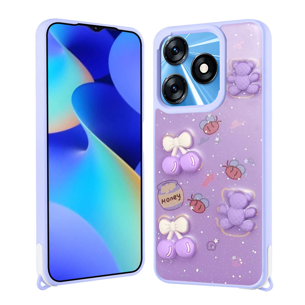 Tecno Spark 10 4G Kılıf Parlayan Simli Kabartma Figürlü Zore Cevze Kapak Mor Ayı