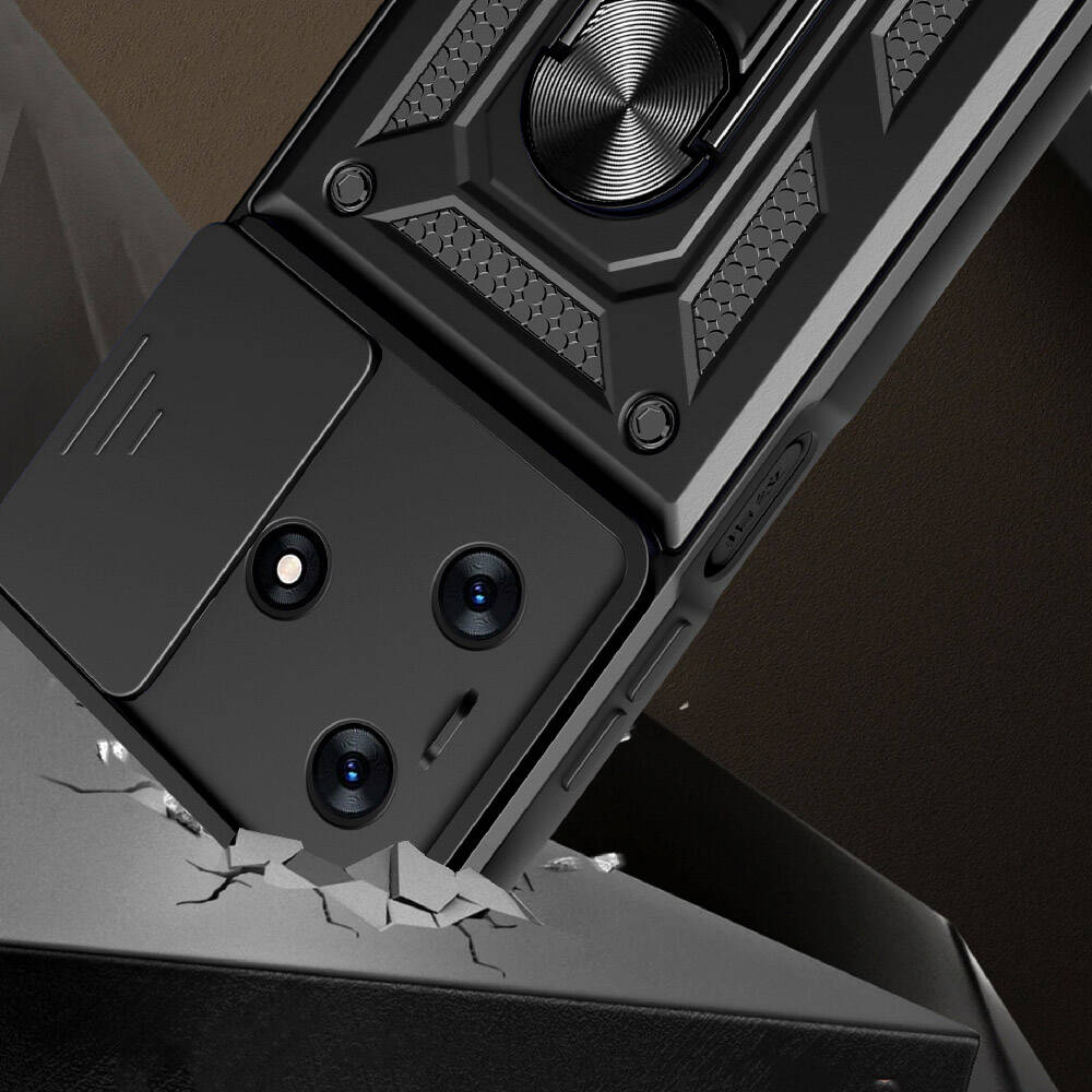 Tecno Spark 10 4G Kılıf Magnetik Standlı Kamera Korumalı Zore Sürgülü Vega Kapak Siyah