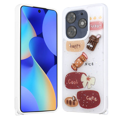 Tecno Spark 10 Pro Kılıf Parlayan Simli Kabartma Figürlü Zore Cevze Kapak Beyaz