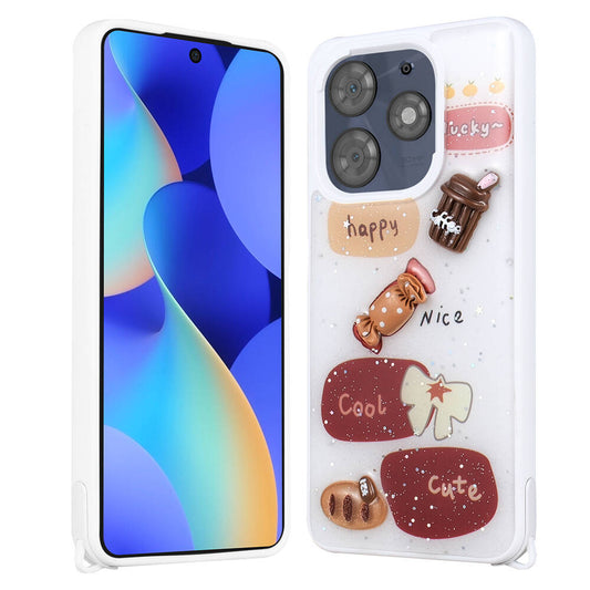 Tecno Spark 10 Pro Kılıf Parlayan Simli Kabartma Figürlü Zore Cevze Kapak Beyaz