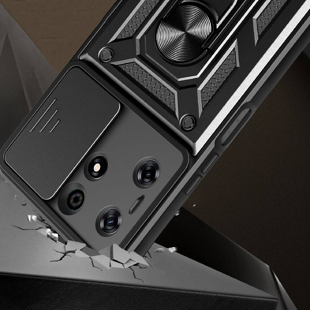 Tecno Spark 10 Pro Kılıf Magnetik Standlı Kamera Korumalı Zore Sürgülü Vega Kapak Mavi